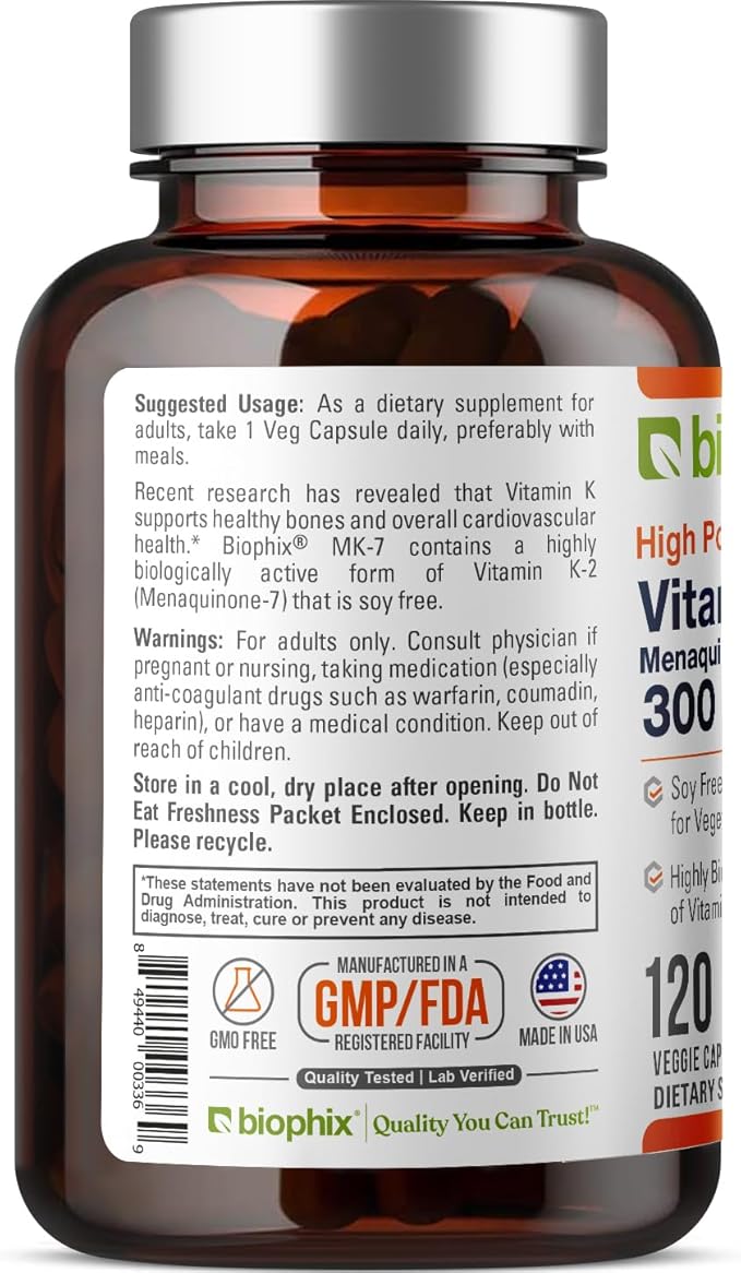 biophix Vitamin K2 MK-7 300mcg 120 Vegan Capsules – High-Potency Supplement for Bone Strength and Immune Health