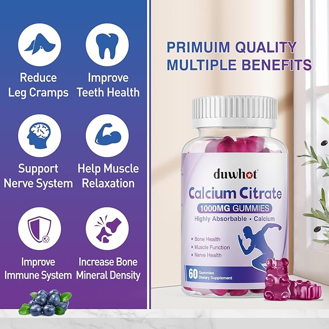 duwhot Calcium Citrate Gummies Chewable Calcium Citrate 1000mg For Bone Muscle &amp Immune Support High Absorption Calcium Supplements for Women &amp Men Kids Blueberry Flavor Vegan Organic