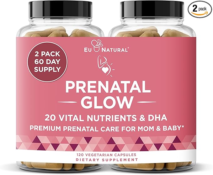 Eu Natural Glow Prenatal Vitamins for Women - 20-in-1 Prenatal Multivitamin with Folate &amp Vegan DHA - Supports Healthy Pregnancy Fetal Development &amp Mom’s Comfort - 120 Vegetarian Capsules