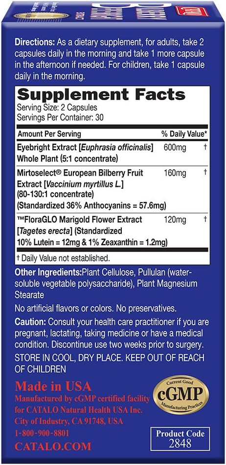 CATALO Bilberry Eyebright Extract Gold - for Fatigue &amp Blurry Vision - Eye Vitamins with Bilberry Lutein and Zeaxanthin Supplements for Eye Clarity -Halal - 60 Capsules
