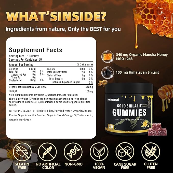 Shilajit Gummies Manuka Honey Lemon Flavor Himalayan shilajit No Added Sugar Ashwagandha Gokshura| Fulvic Acid &amp 85+ Trace Minerals for Men Women I Non-GMO 100% Natural &amp Organic I 30 Gummy