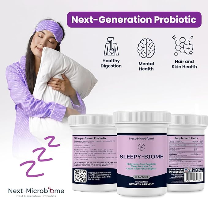 Sleepy-Biome – Melatonin-Free Probiotic Sleep Formula with GABA L-Theanine 5-HTP Valerian Lavender Lemon Balm &amp Ashwagandha – Gut-Brain Axis Support for Calm Restorative Sleep – 60 Capsules