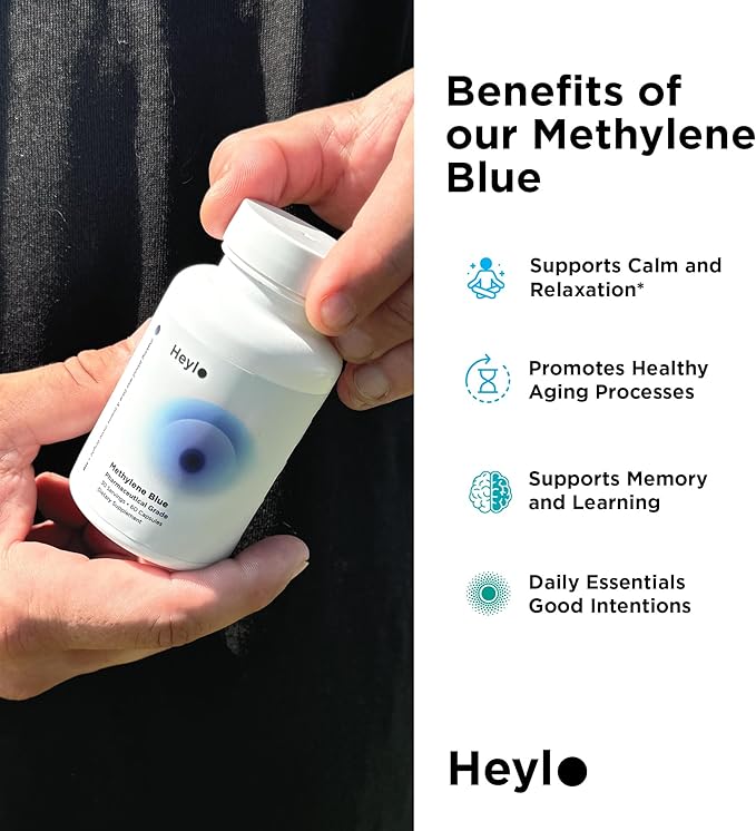 Heylo Methylene Blue Capsules - Pharmaceutical USP Grade Quality | Third Party Tested | Boosts Memory Focus Clarity Energy | Supports Cellular &amp Mitochondrial Function Made in USA 30mg
