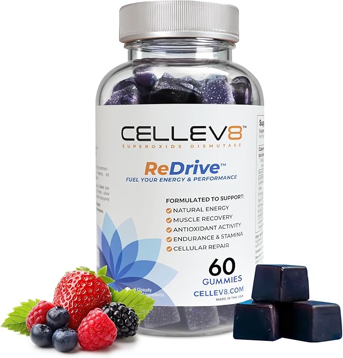 Cellev8 ReDrive Performance Gummies - 60 Count - Antioxidant Cellular Muscle Recovery Endurance Stamina Daily Energy Supplements for Men &amp Women with SOD Vitamin D3 - Raspberry Flavor