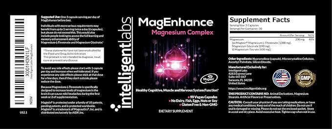 Intelligent Labs MagEnhance Magtein Magnesium Complex Supplement L-Threonate with Magnesium Glycinate and Taurate 90 Capsules