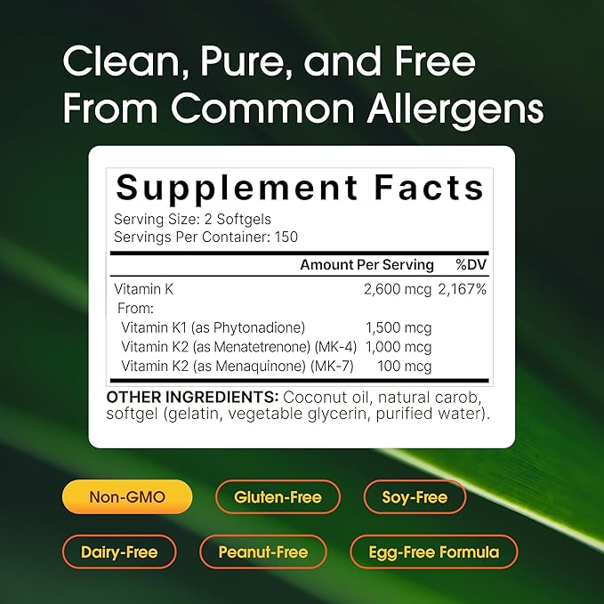 NatureBell Vitamin K Complex - 300 Softgels - Delivers 2600mcg Vitamin K - Full Spectrum Bone &amp Heart Health Support Supplement - High Absorption K1 &amp K2 MK-4 &amp MK-7*