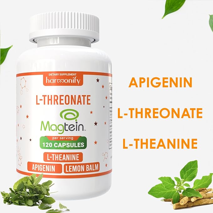 Magtein Magnesium L Threonate Supplement with L Theanine Lemon Balm and Apigenin High Absorption 120 Purified Veggie Capsules 1400 mg Gluten Free Non-GMO Vegetarian