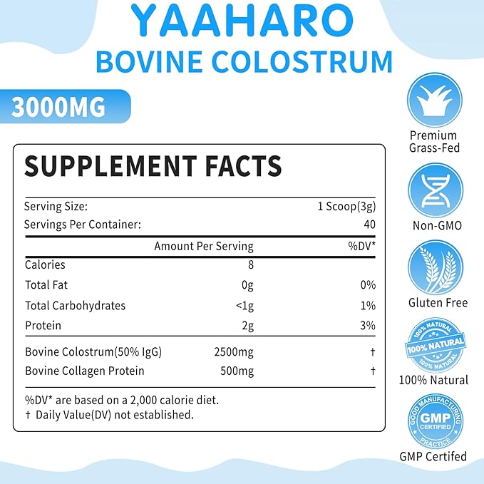 Colostrum Powder - Bovine Colostrum Supplement with Collagen Peptides for Women Men Grass Fed High IgG Superfood for Gut Health Immune Support Nail Hair Growth Easy to Mix Unflavored 4.23OZ