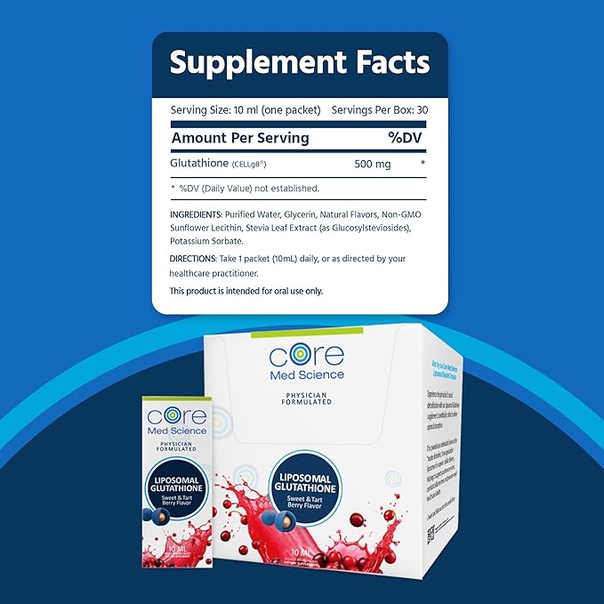 Core Med Science Liposomal Glutathione Supplement Sweet &amp Tart Berry - Glutathione Drink Mix for Detox Support - Antioxidant Supplement for Energy Brain Health Skin &amp Liver Health - 30 Pack