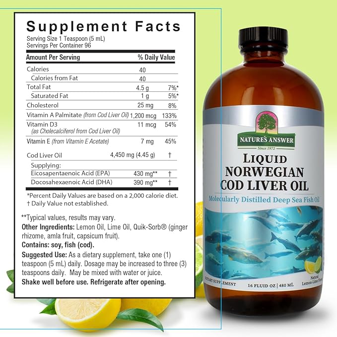 Nature's Answer Cod Liver Oil Liquid Supplement 16-Fluid Ounces | Promotes a Healthy Heart &amp Brain | Cognitive and Cardiovascular Support | Great Tasting (Pack of 2)
