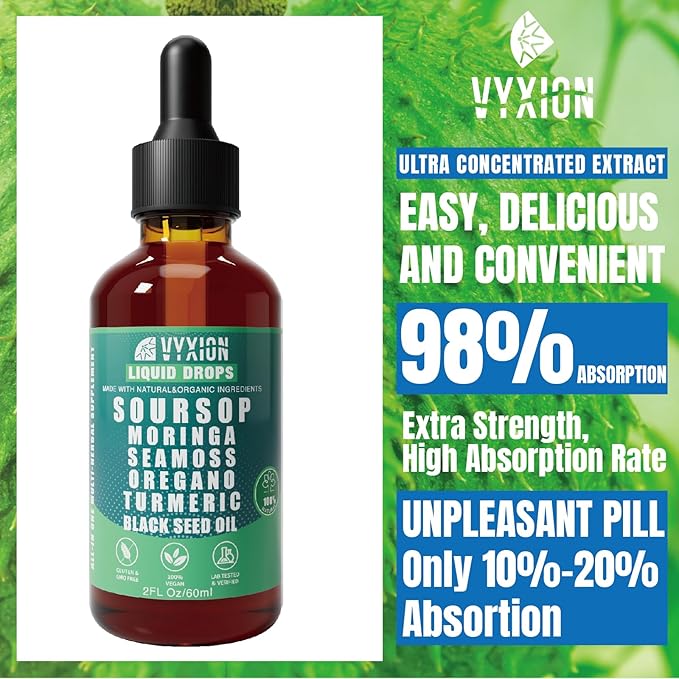 Soursop Bitters Liquid Drops 10 in 1 with Sea Moss Ashwagandha | Original &amp Zesty Orange Flavor Combo | 2-Pack (2 Fl Oz Each) | Herbal Extracts for Overall Health | Vegan Non-GMO Gluten-Free