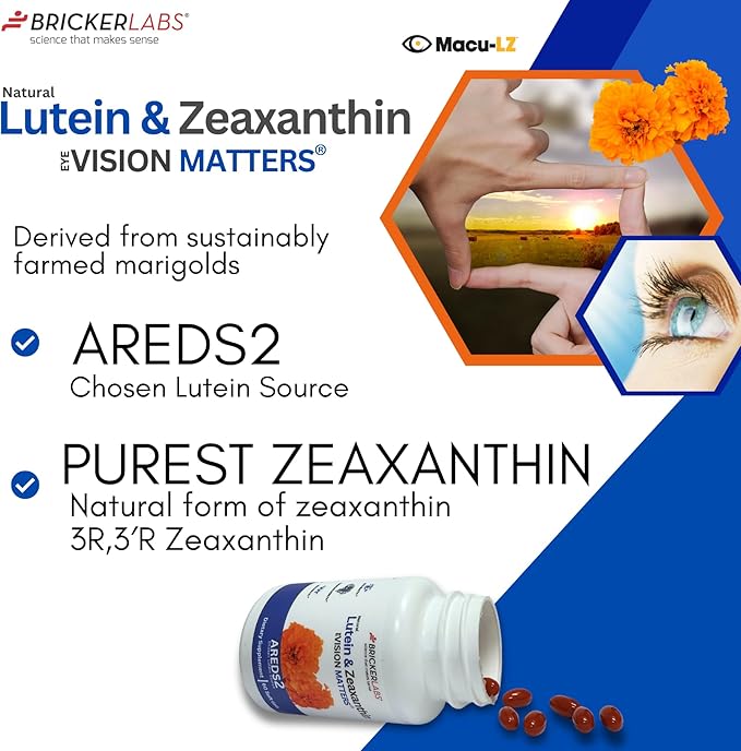 Bricker Labs Natural Lutein + Zeaxanthin Eye Supplement – Supports Eye Brain and Skin Health with Macular Carotenoids Superior Bioavailability AREDS2 Chosen Lutein Source – 60 Soft Gels