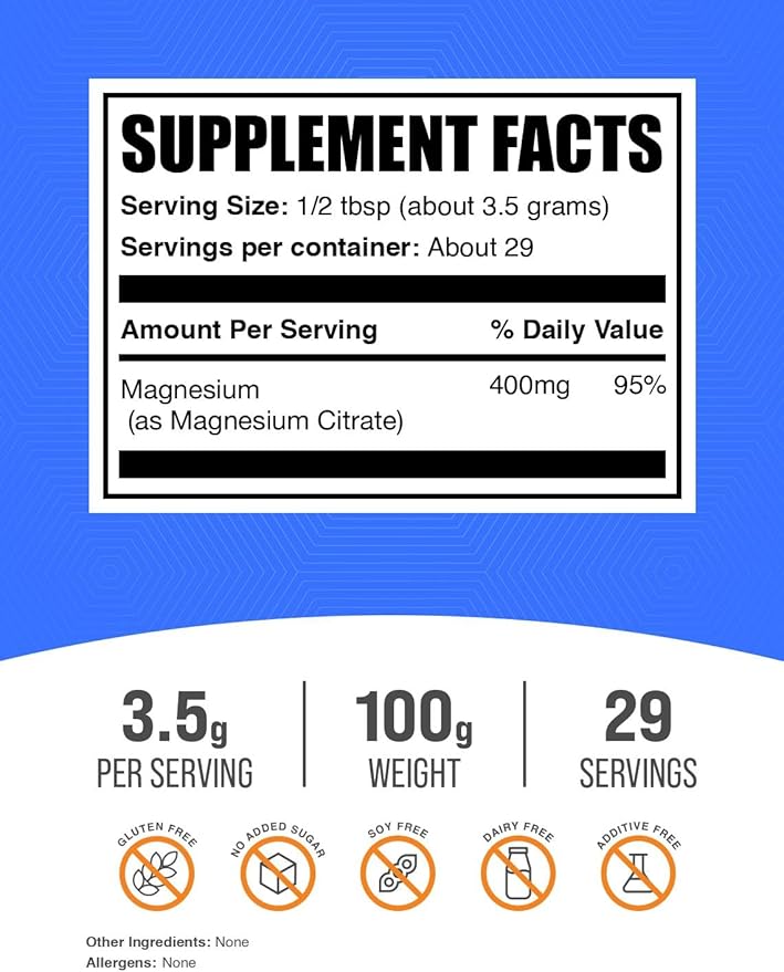 BulkSupplements.com Magnesium Citrate Powder - Magnesium 400mg Supplement Easily Absorbable - Pure &amp Gluten Free 3.5g per Serving 100g (3.5 oz) (Pack of 2)