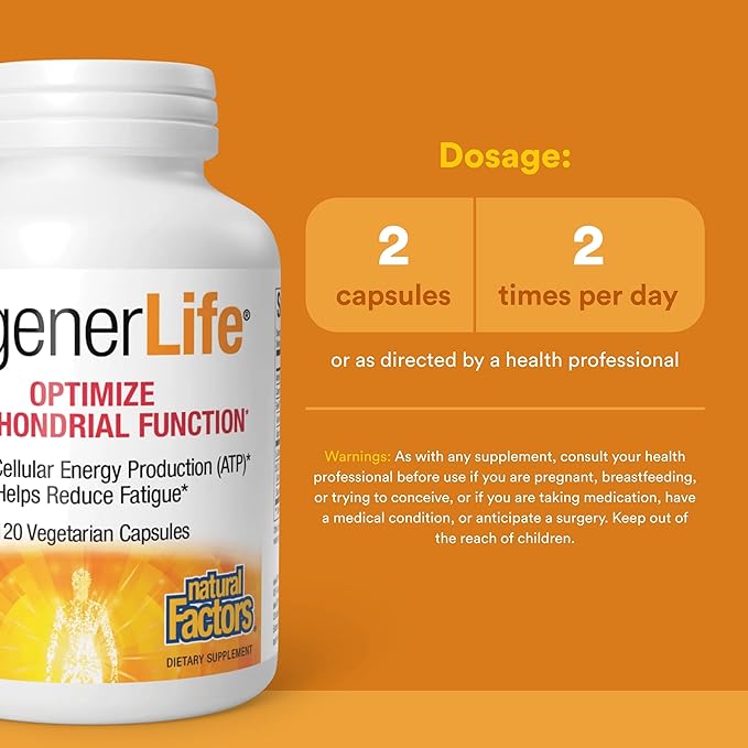 Natural Factors RegenerLife Capsules - Supports Cellular Energy &amp Combats Fatigue* - Mitochondria Support with Antioxidants - Non-GMO - 120 Capsules