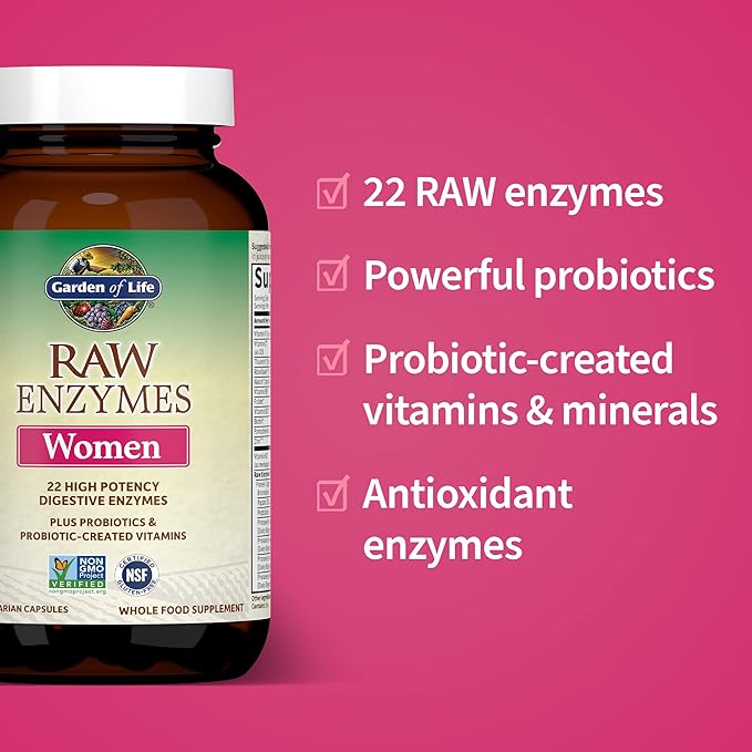 Garden of Life 22 Powerful Raw Enzymes for Women with Papain Bromelain Lactase plus Probiotics and Vitamins B12 Biotin and Zinc Dietary Supplement with Digestive Enzymes Vegetarian 90 Capsules