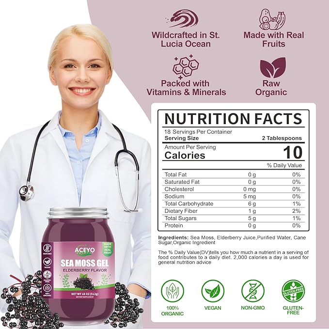 (18 OZ) Irish Elderberry Sea Moss Gel Organic Raw Vegan Flavor 102 Vitamins and Minerals Wild Harvested Non-GMO Immune Defense Booster Thyroid Digestive Support