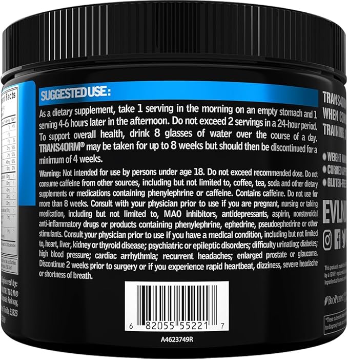 Evlution Thermogenic Fat Burning Support Powder Nutrition Trans4orm Fast Acting Energy Powder to Support Fast Metabolism Weight Loss and Mental Focus with CLA Carnitine and Alpha GPC - Blue Raz