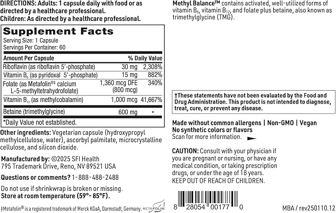 Klaire Labs SFI Health Methyl Balance - Activated Vitamin B + Trimethyglycine Supplement - Metafolin Methyl Folate Betaine TMG Vitamin B2 B6 &amp 12 - Support Healthy Energy Levels (60 Capsules)