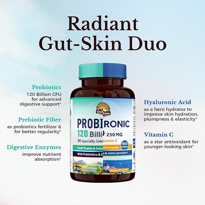 Vitalitown Gut-Skin Bundle (Pack of 2) | Probiotics 120 Billion CFUs (Item 1) &amp Hyaluronic Acid (Item 2) | 30 + 90 Capsules