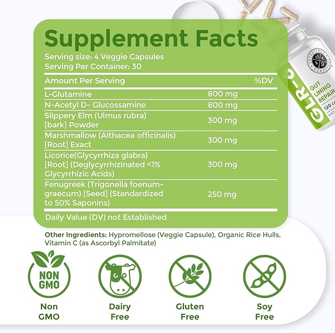 Intestinal Fortitude GLR-6 - Gut Lining Repair Supplement for Gut Health - Leaky Gut Repair with L-Glutamine Slippery Elm DGL Licorice Root Marshmallow Root Fenugreek - IBS IBD GERD - Vegan