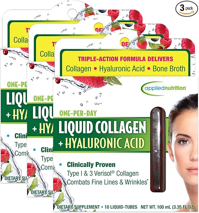 Applied Nutrition Liquid Collagen + Hyaluronic Acid - 10 Liquid Tubes Pack of 3 - Skin &amp Nail Restoration - Mixed Berry Flavor - 30 Servings