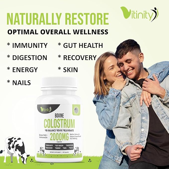 VITINITY Grass Fed Bovine Colostrum Capsules for Humans - Natural IgG Colostrum Supplement for Gut Health Immune Support Muscle Recovery &amp Wellness | Pure Colostrum Superfood Unflavored (120 Co
