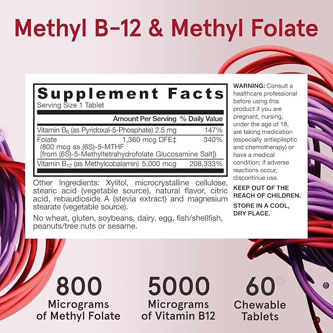 Jarrow Formulas Methyl B-12 &amp Methyl Folate Bioactive Vitamin B9 and Vitamin B12 Supplement Healthy Brain Function &amp Metabolism 60 Chewable Tablets 60 Servings (Pack of 2)