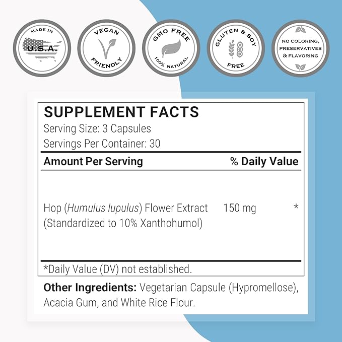 Supersmart - Xanthohumol Supplement (Hops Flower Extract) 150 mg per Day - Antioxidant &amp Anti Aging - Calm &amp Sleep Support - Hormone Balance | Non-GMO &amp Gluten Free - 90 Vegetarian Capsule