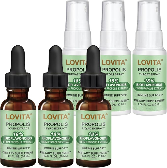 LOVITA 6-Pack Propolis Family Bundle - 3 Liquid Extract Drops &amp 3 Throat Sprays 18% Bioflavonoids High Potency Bee Propolis for Daily Wellness (6 Pc)