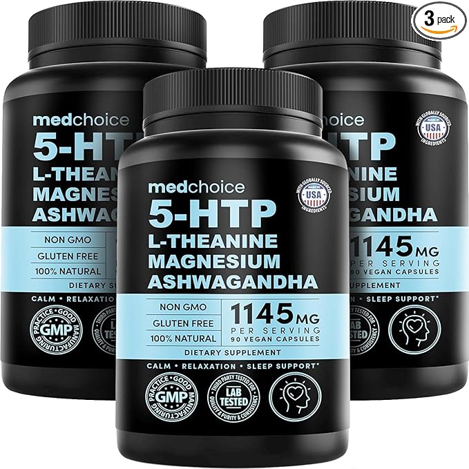 MEDCHOICE 15-in-1 Caffeine-Free Mood Support Supplement - 5HTP 200mg Capsules with L-Theanine Magnesium Ashwagandha GABA St. John's Wort and L-Tryptophan - 1145mg (90ct Pack of 3)