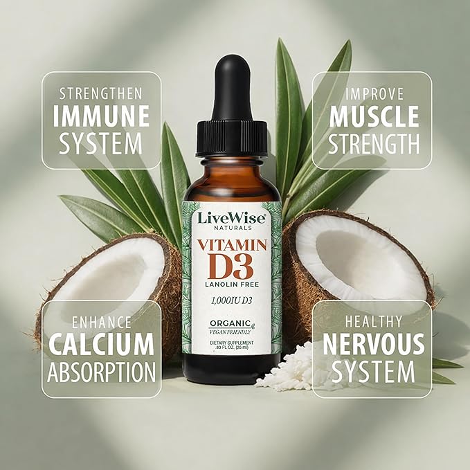 Live Wise Naturals Vitamin D3 1000 IU 25 MCG Drops - 150 Servings Ultra Concentrated Formulation Fast Absorption Vegan Organic MCT Oil Formula - Micro-Dosing Dropper for Bone &amp Immune Support