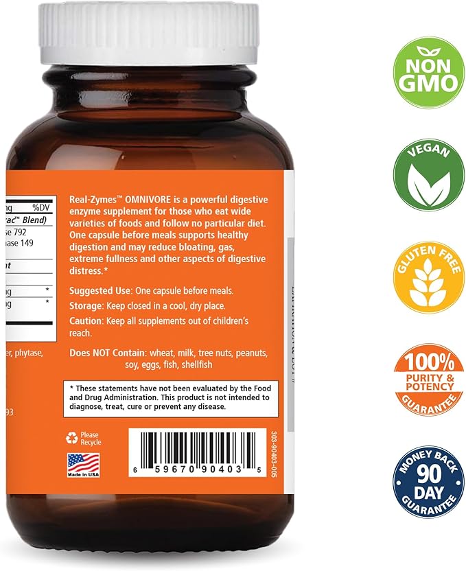 Real-Zymes™ OMNIVORE Digestive Enzymes Supplement with Probiotics for Better Digestion - Natural Support for Relief of Bloating Gas Belching Diarrhea Constipation IBS etc. - 90 Caps