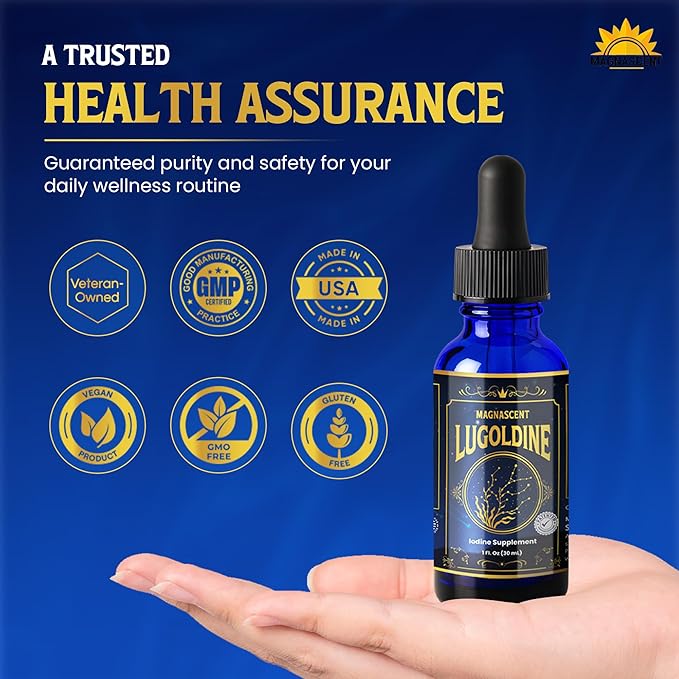 Lugoldine Iodine Drops 1 oz – Patented Process (US20090022816A1) 150 mcg Iodine (100% Daily Value) Alcohol-Free &amp Glycerin-Free Liquid Iodine Supplement (1 Ounce (Pack of 1))