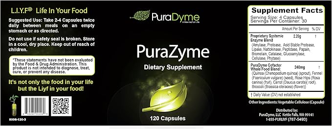 PuraDyme PuraZyme Blend of Digestive Enzymes by Lou Corona 120 Capsules