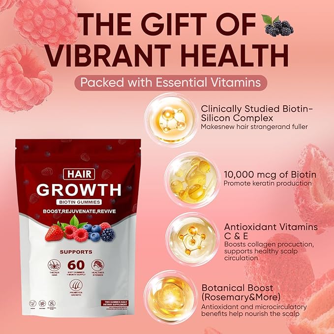 Lumin Hair Growth Gummies – with Biotin Vitamin C &amp E Rosemary Saw Palmetto – Supports Healthy Hair Growth &amp Strength Skin &amp Nail Care – Mixed Berry Flavor 60 Gummies (1)