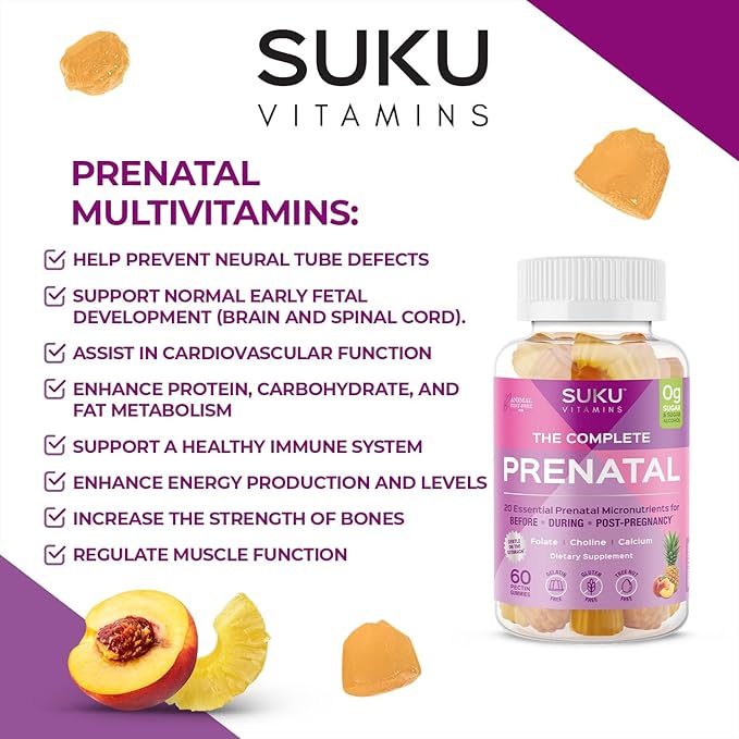 SUKU Prenatal Multivitamin Gummies – Folate Calcium Vitamin D3 B12 K2 – Sugar-Free Vegetarian Gluten-Free Pregnancy Support – Pineapple Peach Flavor – 60 Count