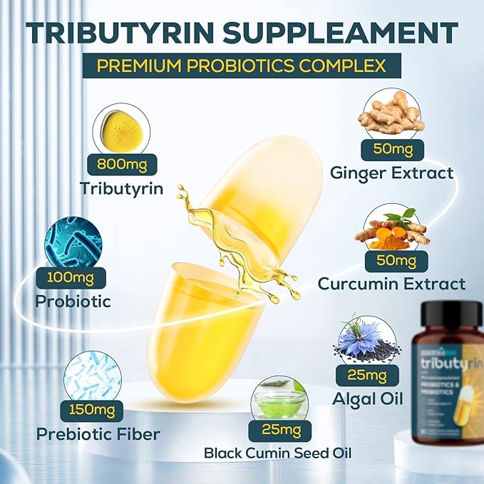 Tributyrin Supplement for Gut &amp Immune 800mg | High Bioavailability with Microencapsulated Probiotics &amp Prebiotics - Advanced Liquid-Filled Tributyrin Complex Gluten Free 90 Capsules