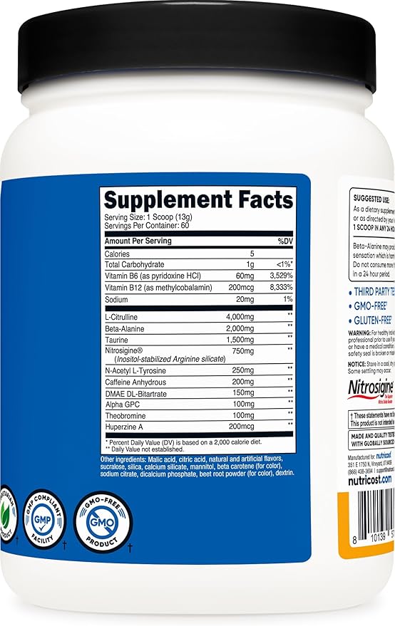 Nutricost Pre-Workout Complex Powder (60 Servings Peach Mango) - Pre-Workout Supplement with Beta-Alanine Taurine &amp Amino Acids