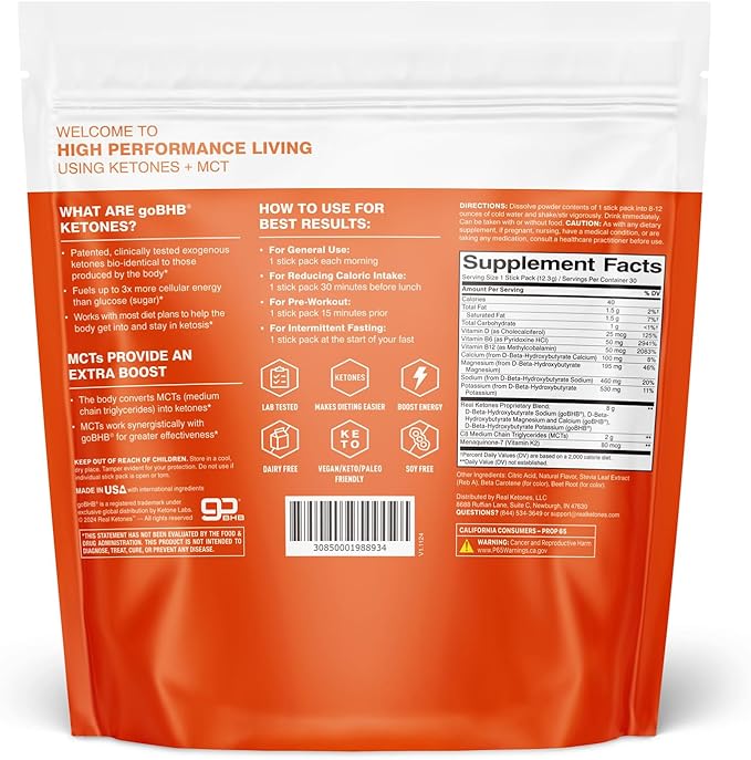 Real Ketones MCT &amp BHB Exogenous Ketones Drink Mix Packets Elevate Keto Electrolytes Powder Packets No Sugar with 4 Main Electrolytes Plus Hydrating Proprietary Keto BHB - 30 Pack Orange