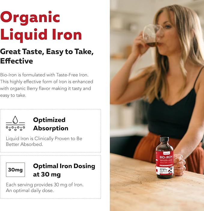 Liquid Iron Supplement | Organic Certified Berry Flavor - Whole Food Vitamin C Absorption Boost &amp Blood Building B Vitamins - Methyl B12 L-Methylfolate &amp B6 - Supports Healthy Iron Levels -