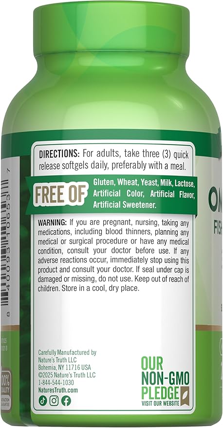 Nature's Truth Triple Omega 3 6 9 | 3600mg | 200 Softgels | Fish Flax and Borage Oils | Non-GMO &amp Gluten Free Supplement
