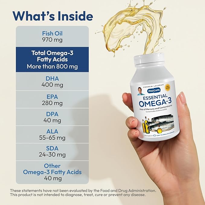 ANDREW LESSMAN Essential Omega-3 Unflavored - 60 Softgels - Ultra-Pure High Potency Omega-3 Oils. High DHA No Stomach Upset No Contaminants No Mercury. Small Easy to Swallow Softgels