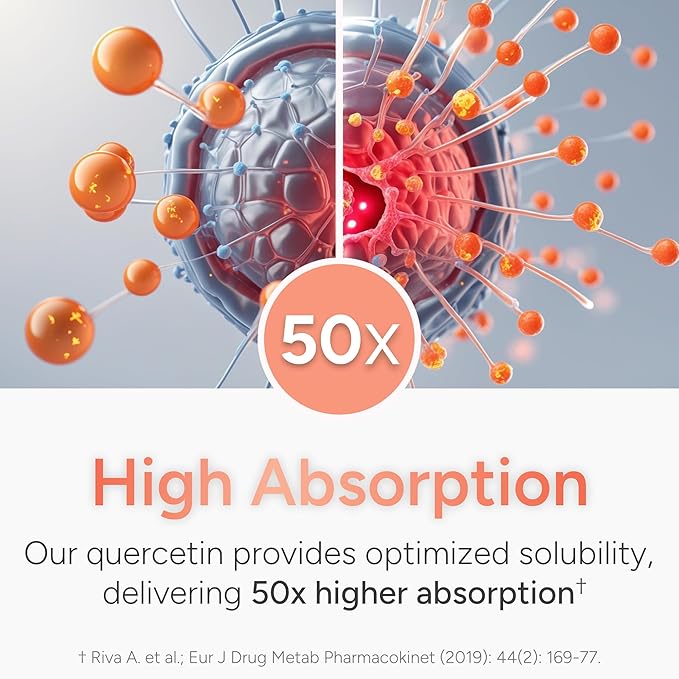 High Absorption Quercetin with Bromelain Vitamin C and Zinc - 500mg Quercetin Phytosome - 50x More Absorption - Supports Immune Function &amp Cellular Health - USA Manufactured Supplement - 60 Capsu