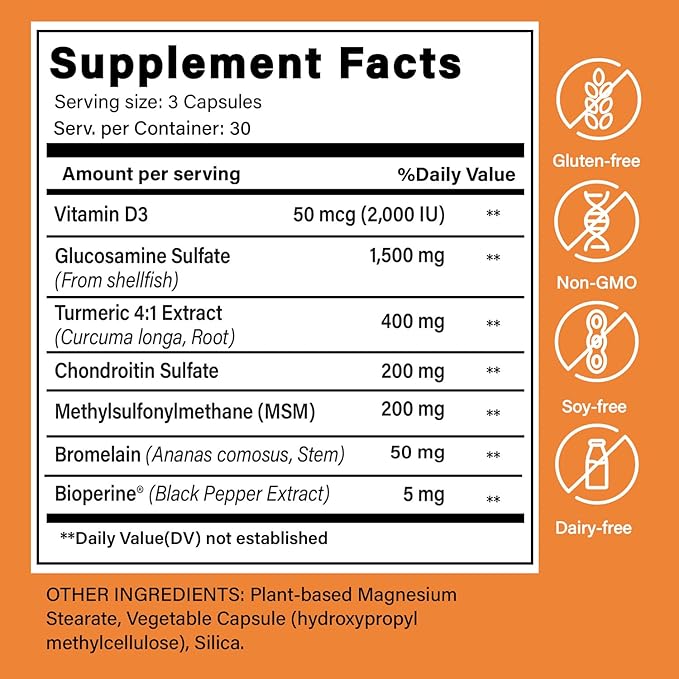 Articulacion Flex Joint Support Capsules – Glucosamine Sulfate 1500 mg with Chondroitin MSM Turmeric &amp Bromelain Joint Health &amp Mobility Supplement for Women &amp Men 90 Capsules
