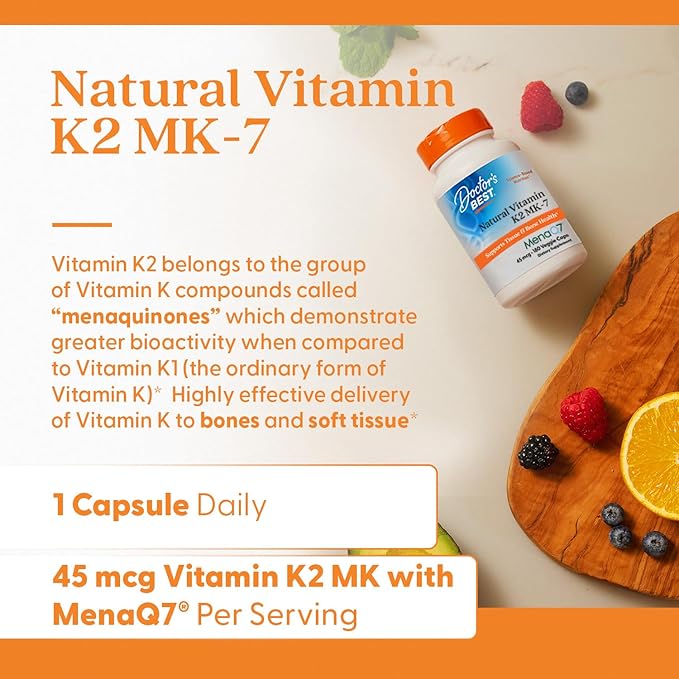 Doctor's Best Natural Vitamin K2 MK7 Supplement for Men &amp Women - Bone Health Support 45 mcg Vitamin K-2 MK-7 Capsules with MenaQ7 Calcium Support Non GMO Vegan - 180 Veg Caps