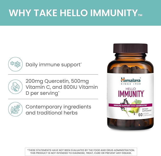Himalaya Hello Immunity with Quercetin 60 Day Supply - Herbal Immune Support Supplement Bioflavonoid and Antioxidant for Immunity and Daily Wellness - Vegan Non-GMO Gluten Free 500 mg 60 Caplets