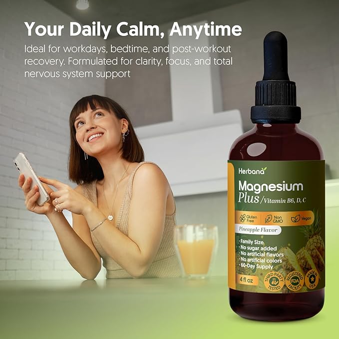 Magnesium Plus Pineapple Flavor - Magnesium Citrate Glycinate/L-threonate &amp Vitamin B6 D C/Liquid Drops Supplement 4 fl oz - Advanced Complex - 60-Day Supply