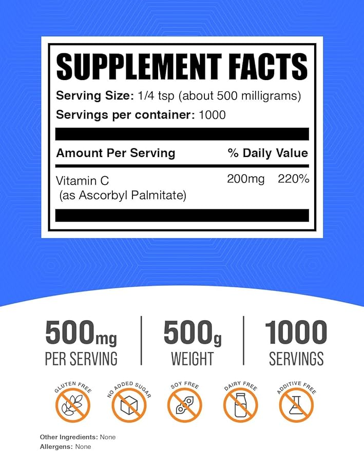 BulkSupplements.com Ascorbyl Palmitate Powder - Vitamin C Ester Vitamin C Supplement - Gluten Free 500mg per Serving 500g (1.1 lbs) (Pack of 1)