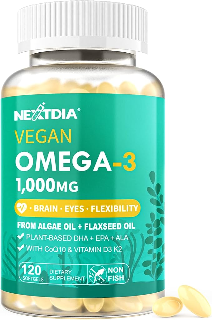 Vegan Omega 3 EPA DHA ALA Supplement + CoQ10 Vitamin D3 K2 (MK7) for Women Men | 1000mg Algae Oil as Fish Oil Alternative | Plant Based Omega 3 Mini Softgels for Bone Brain Eye Skin | 120 Pills