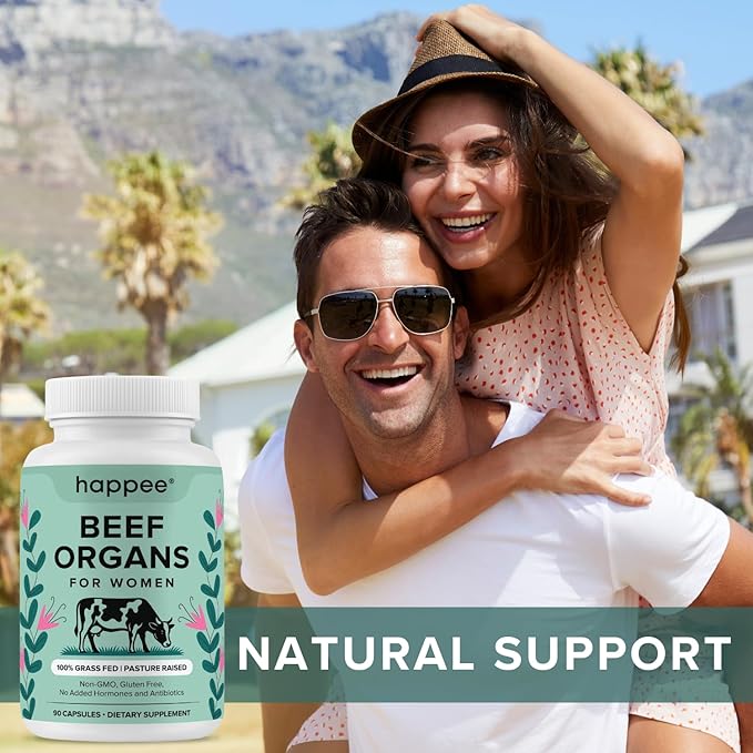 Happee Grass Fed Beef Organ Supplement for Women - Beef Liver Heart Kidney Ovary &amp Uterus Blend - Hormone Balance Energy &amp Cycle Support - 90 Capsules